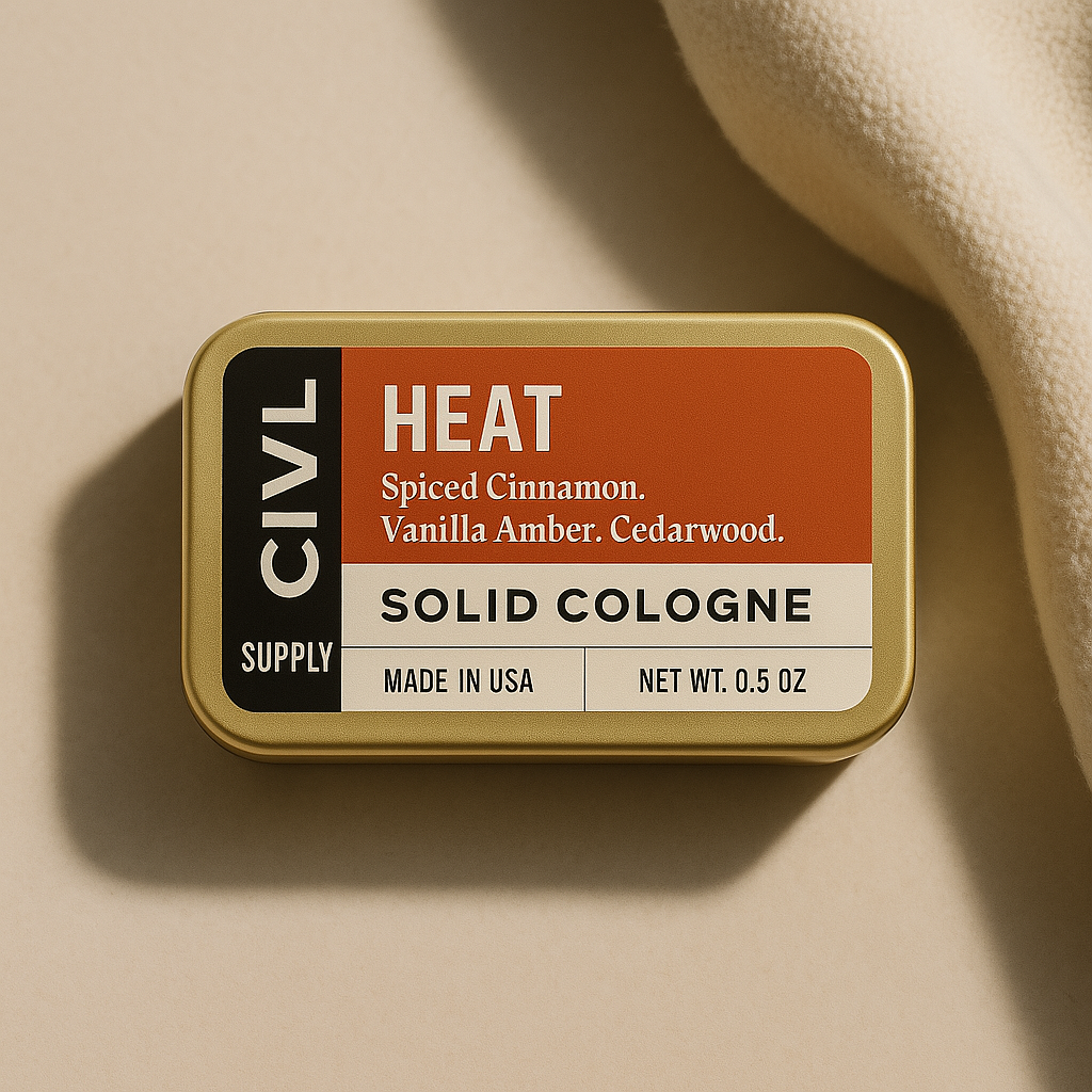 A tin container holding civl supply heat solid cologne