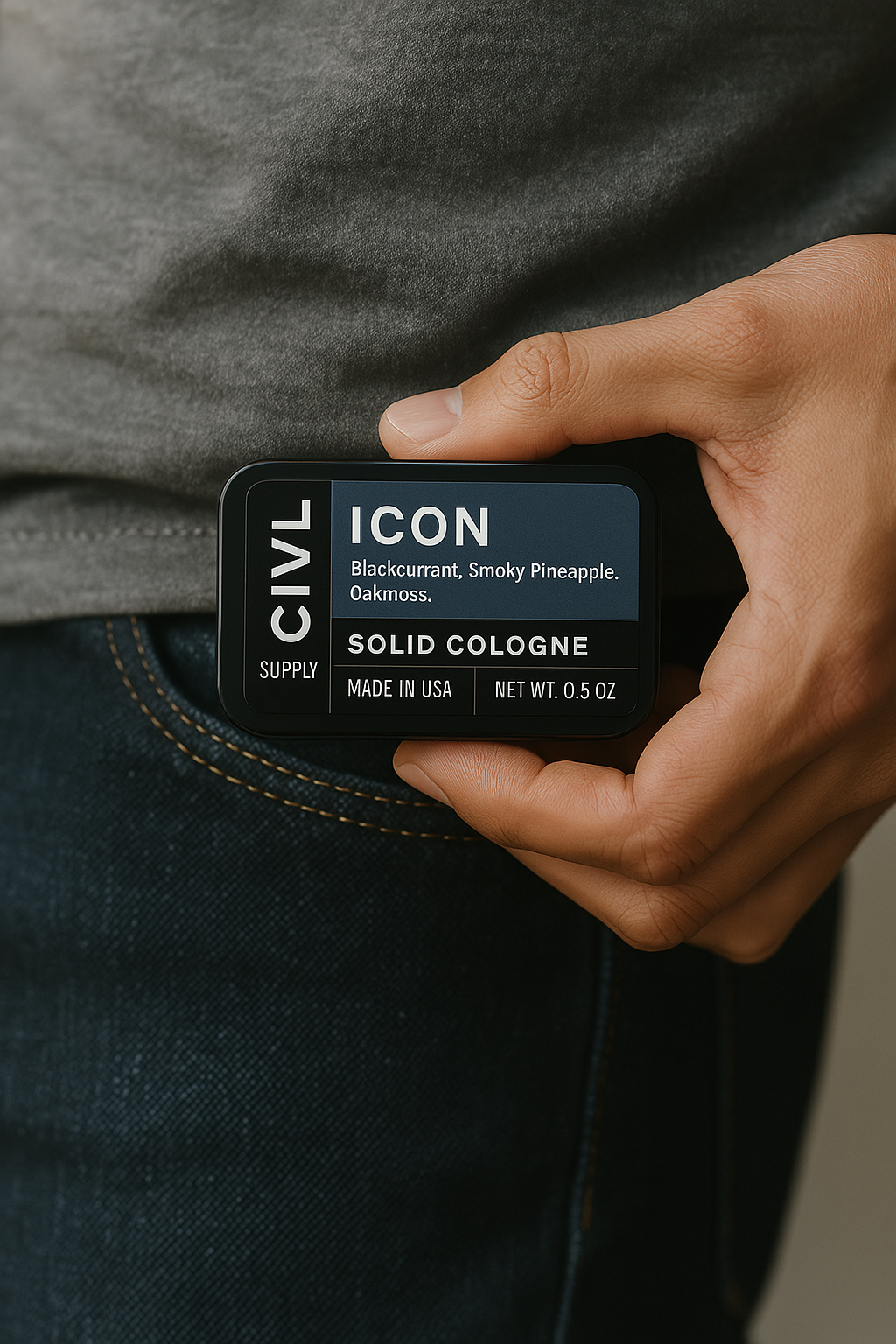 A small, rectangular tin container labeled 'ICON Solid Cologne' with the text 'Blackcurrant, Smoky Pineapple, Oakmoss